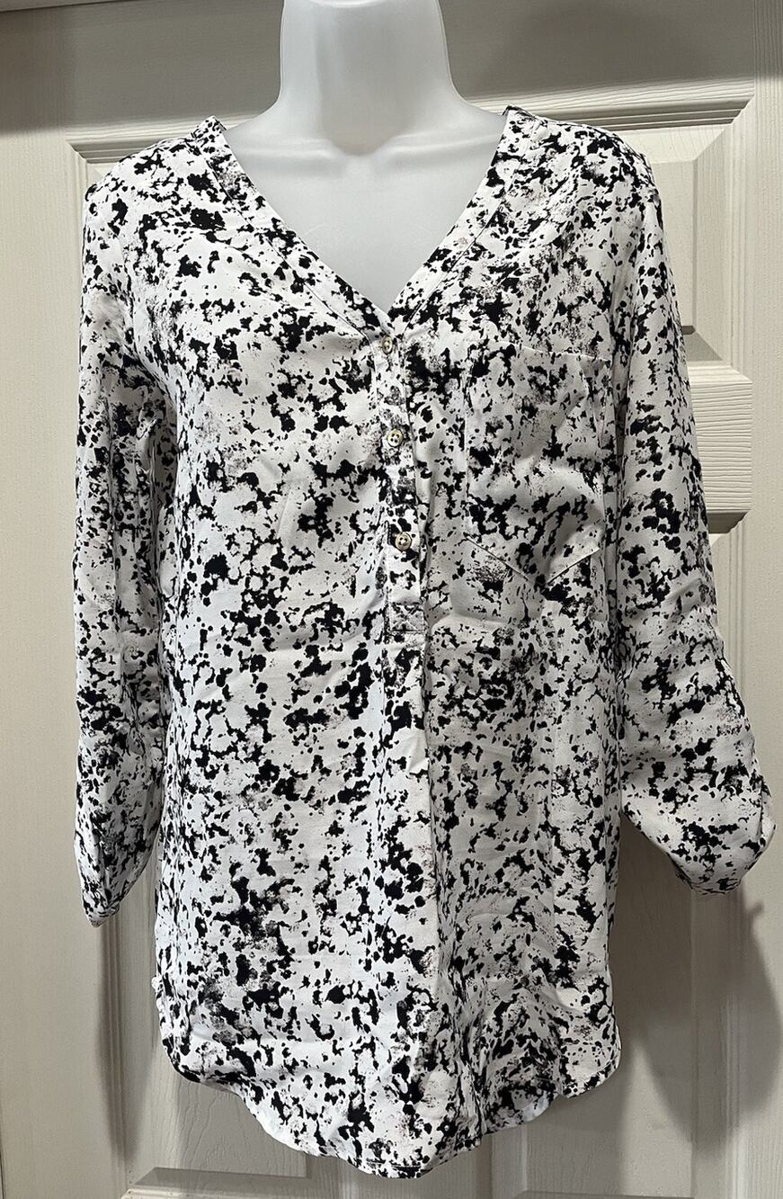 Mossimo Womens Black White 3/4 Sleeve Pullover Blouse V Neck Top Sz XS